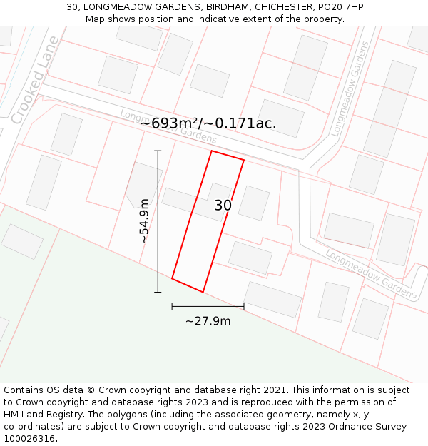 30, LONGMEADOW GARDENS, BIRDHAM, CHICHESTER, PO20 7HP: Plot and title map