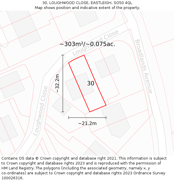 30, LOUGHWOOD CLOSE, EASTLEIGH, SO50 4QL: Plot and title map