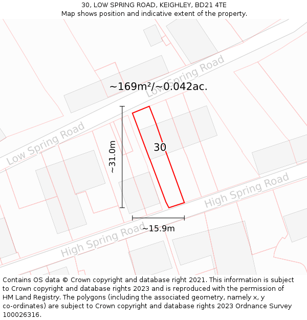 30, LOW SPRING ROAD, KEIGHLEY, BD21 4TE: Plot and title map