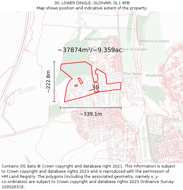 30, LOWER DINGLE, OLDHAM, OL1 4PB: Plot and title map