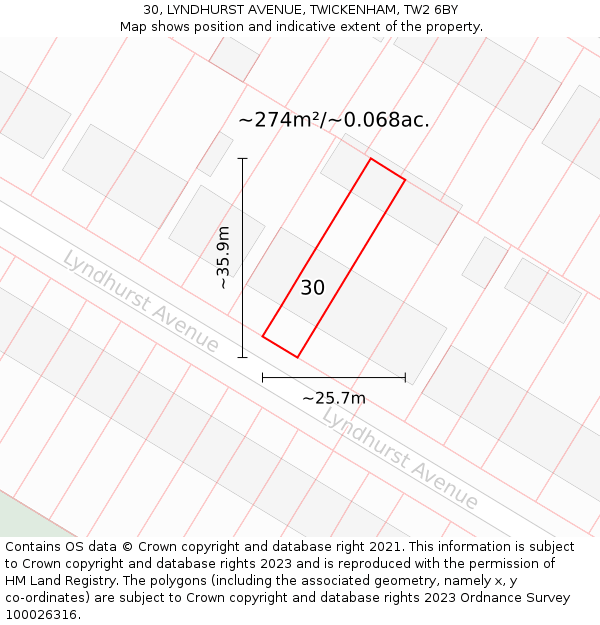 30, LYNDHURST AVENUE, TWICKENHAM, TW2 6BY: Plot and title map