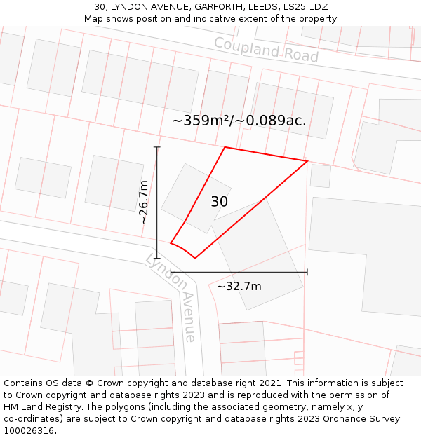 30, LYNDON AVENUE, GARFORTH, LEEDS, LS25 1DZ: Plot and title map