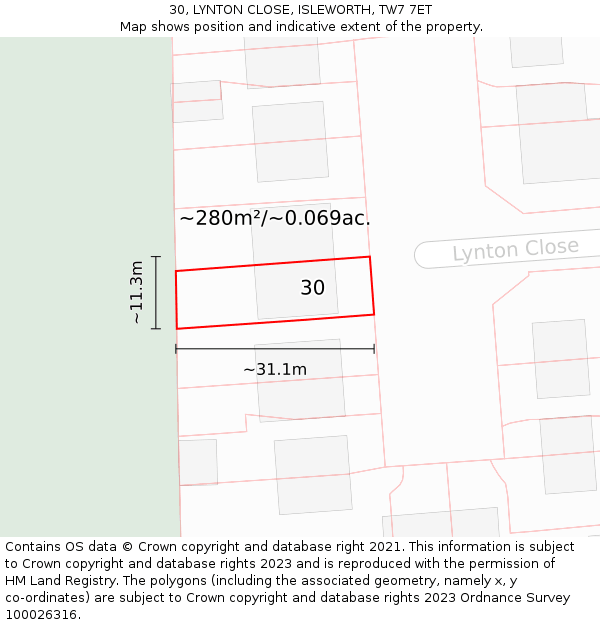 30, LYNTON CLOSE, ISLEWORTH, TW7 7ET: Plot and title map