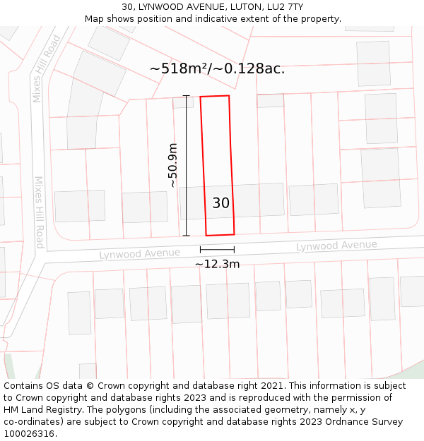 30, LYNWOOD AVENUE, LUTON, LU2 7TY: Plot and title map