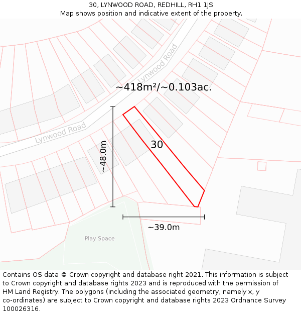 30, LYNWOOD ROAD, REDHILL, RH1 1JS: Plot and title map