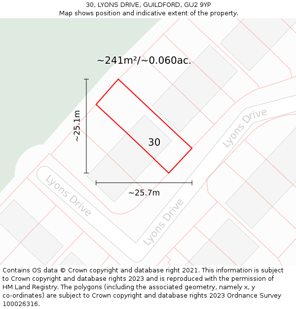 30, LYONS DRIVE, GUILDFORD, GU2 9YP: Plot and title map