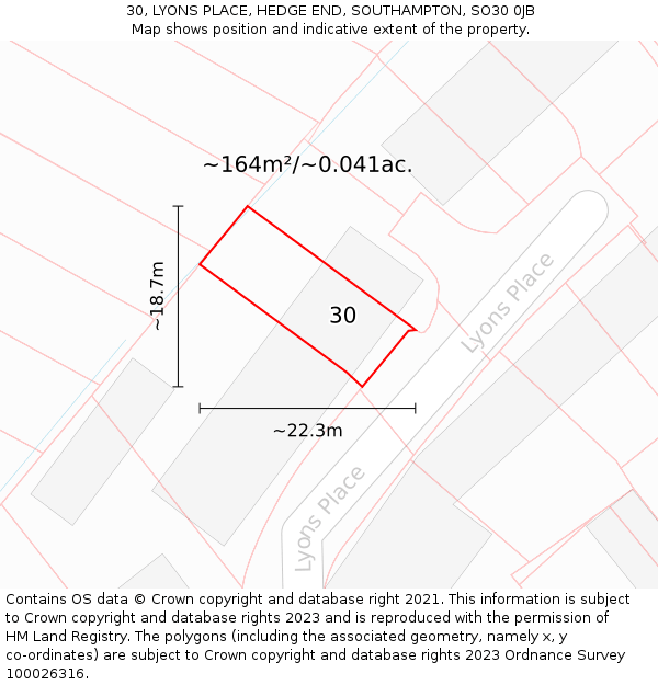 30, LYONS PLACE, HEDGE END, SOUTHAMPTON, SO30 0JB: Plot and title map