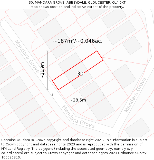 30, MANDARA GROVE, ABBEYDALE, GLOUCESTER, GL4 5XT: Plot and title map