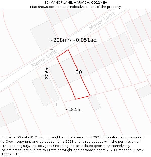 30, MANOR LANE, HARWICH, CO12 4EA: Plot and title map