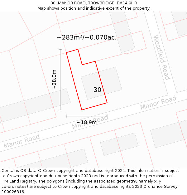 30, MANOR ROAD, TROWBRIDGE, BA14 9HR: Plot and title map