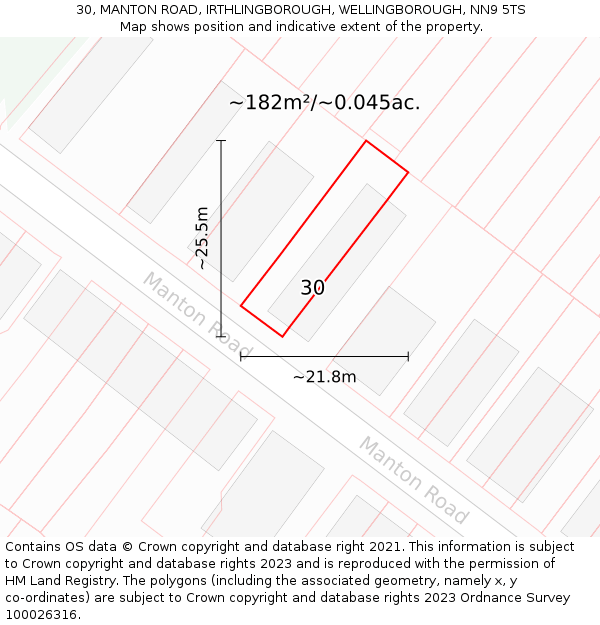 30, MANTON ROAD, IRTHLINGBOROUGH, WELLINGBOROUGH, NN9 5TS: Plot and title map