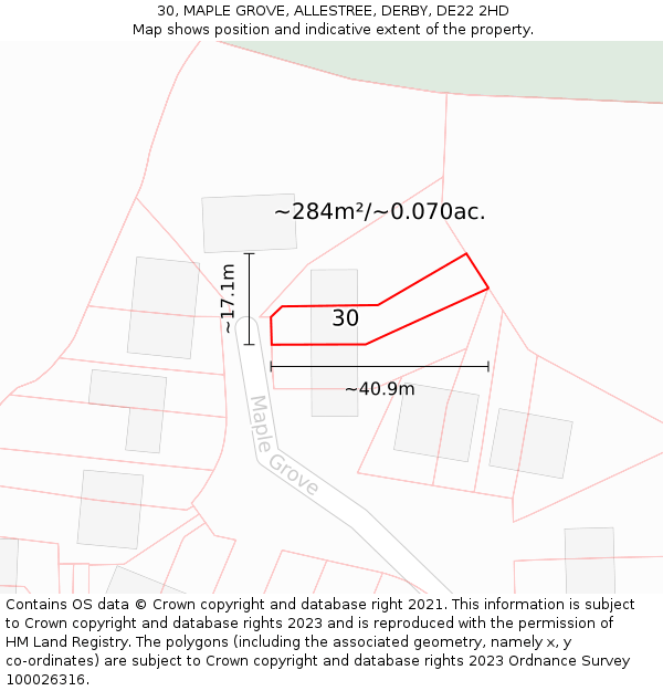 30, MAPLE GROVE, ALLESTREE, DERBY, DE22 2HD: Plot and title map