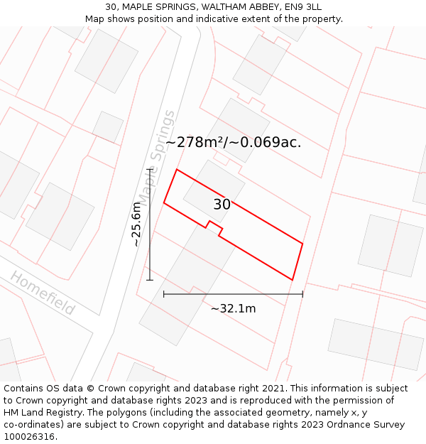 30, MAPLE SPRINGS, WALTHAM ABBEY, EN9 3LL: Plot and title map