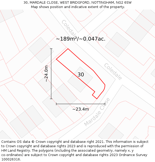 30, MARDALE CLOSE, WEST BRIDGFORD, NOTTINGHAM, NG2 6SW: Plot and title map