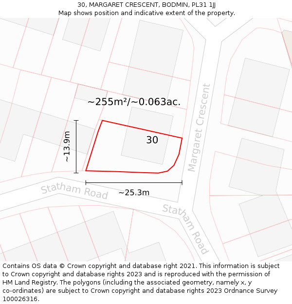 30, MARGARET CRESCENT, BODMIN, PL31 1JJ: Plot and title map