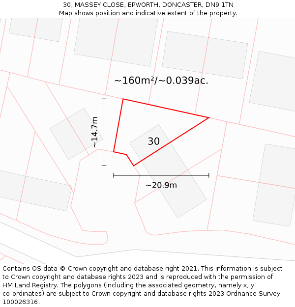 30, MASSEY CLOSE, EPWORTH, DONCASTER, DN9 1TN: Plot and title map