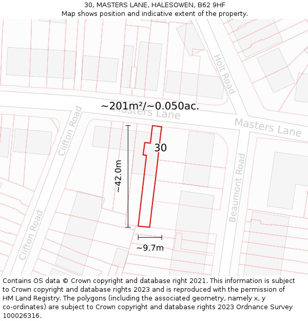 30, MASTERS LANE, HALESOWEN, B62 9HF: Plot and title map