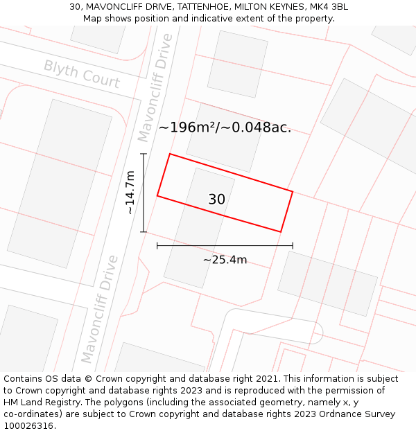 30, MAVONCLIFF DRIVE, TATTENHOE, MILTON KEYNES, MK4 3BL: Plot and title map