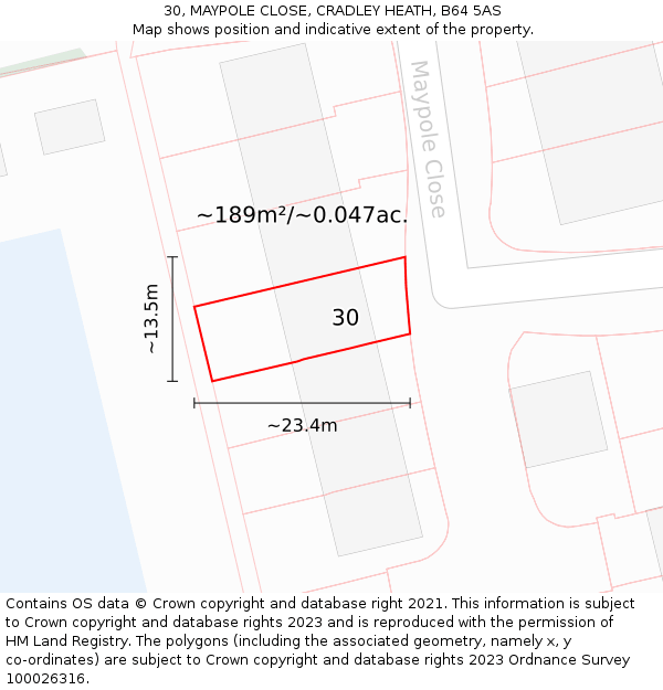 30, MAYPOLE CLOSE, CRADLEY HEATH, B64 5AS: Plot and title map