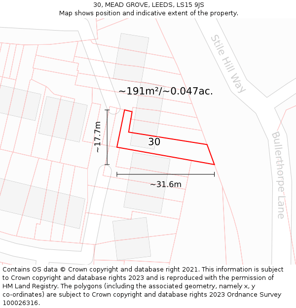 30, MEAD GROVE, LEEDS, LS15 9JS: Plot and title map