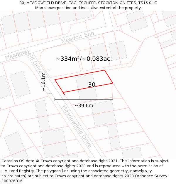 30, MEADOWFIELD DRIVE, EAGLESCLIFFE, STOCKTON-ON-TEES, TS16 0HG: Plot and title map