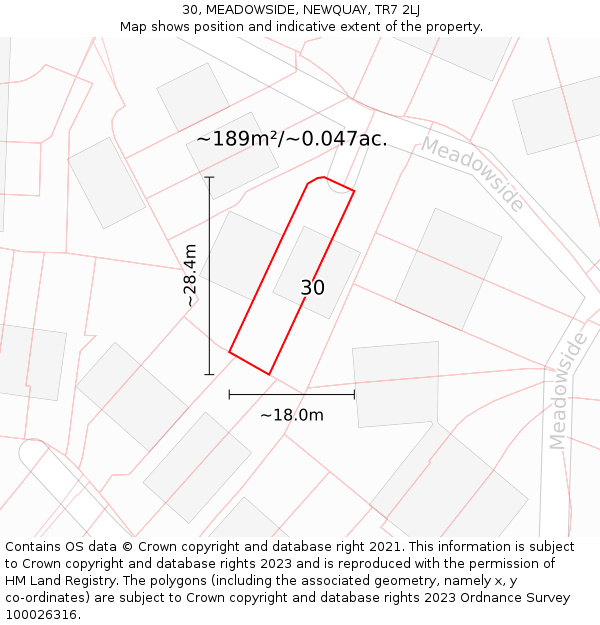 30, MEADOWSIDE, NEWQUAY, TR7 2LJ: Plot and title map