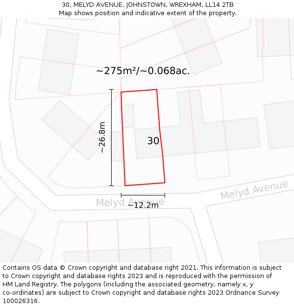 30, MELYD AVENUE, JOHNSTOWN, WREXHAM, LL14 2TB: Plot and title map