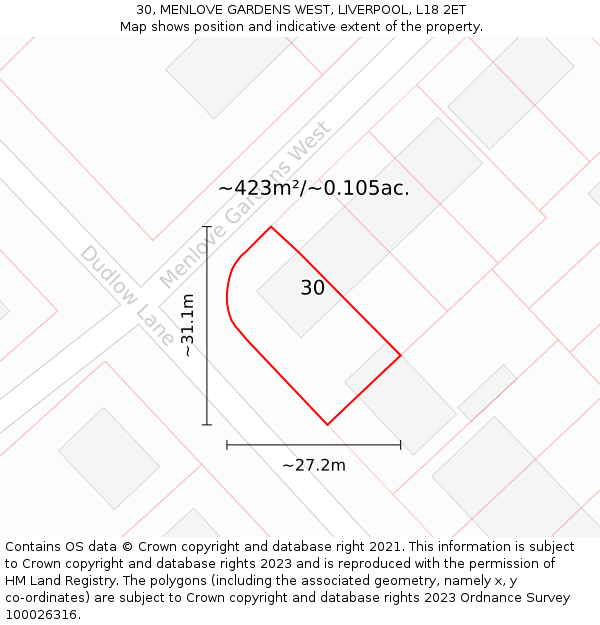 30, MENLOVE GARDENS WEST, LIVERPOOL, L18 2ET: Plot and title map