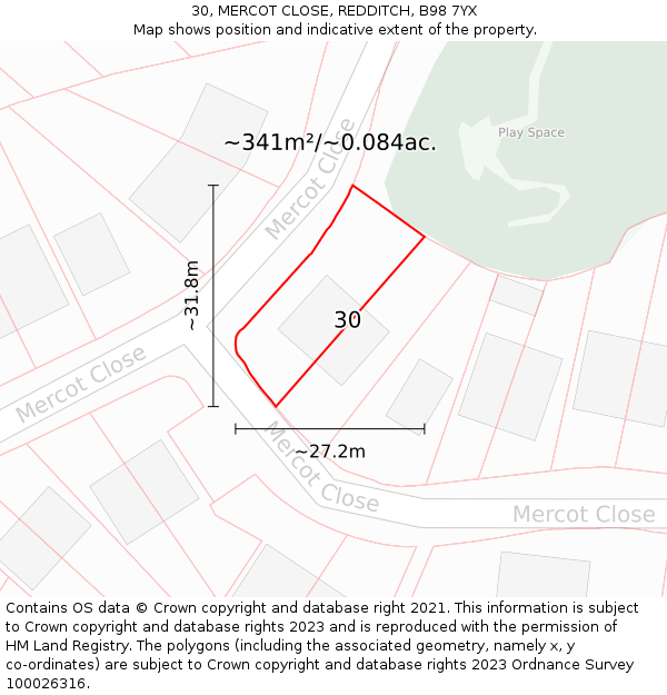 30, MERCOT CLOSE, REDDITCH, B98 7YX: Plot and title map