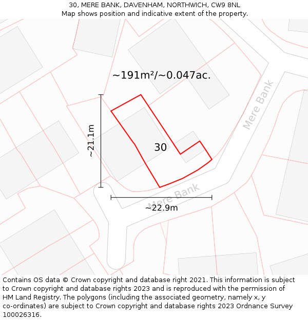 30, MERE BANK, DAVENHAM, NORTHWICH, CW9 8NL: Plot and title map