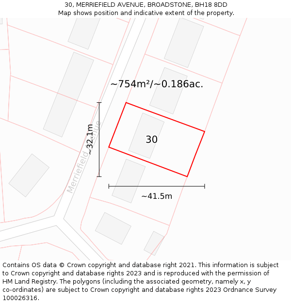 30, MERRIEFIELD AVENUE, BROADSTONE, BH18 8DD: Plot and title map