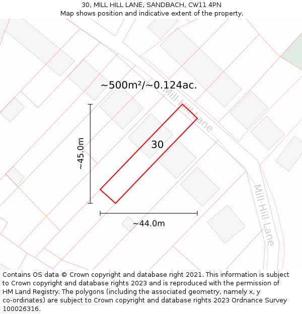 30, MILL HILL LANE, SANDBACH, CW11 4PN: Plot and title map