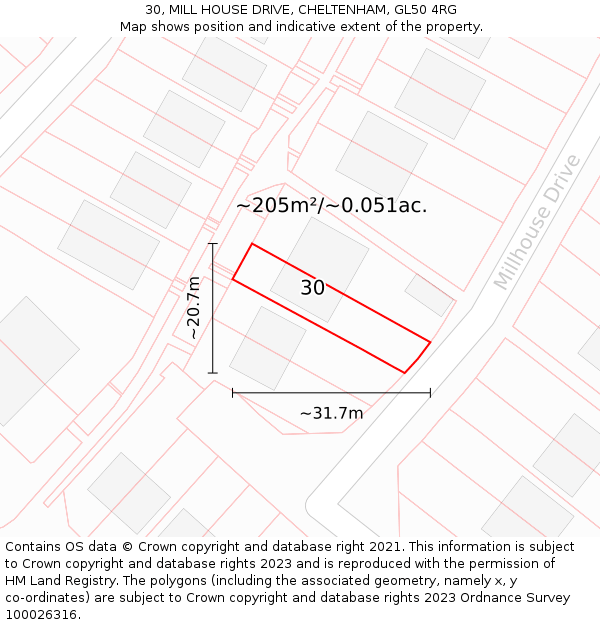 30, MILL HOUSE DRIVE, CHELTENHAM, GL50 4RG: Plot and title map