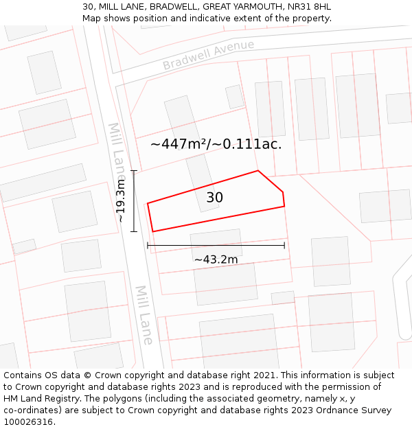 30, MILL LANE, BRADWELL, GREAT YARMOUTH, NR31 8HL: Plot and title map