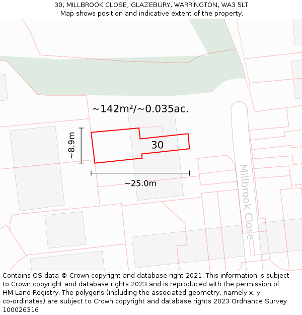 30, MILLBROOK CLOSE, GLAZEBURY, WARRINGTON, WA3 5LT: Plot and title map