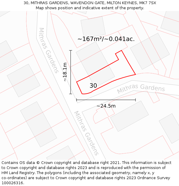 30, MITHRAS GARDENS, WAVENDON GATE, MILTON KEYNES, MK7 7SX: Plot and title map