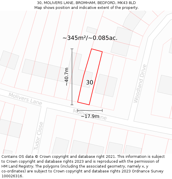 30, MOLIVERS LANE, BROMHAM, BEDFORD, MK43 8LD: Plot and title map