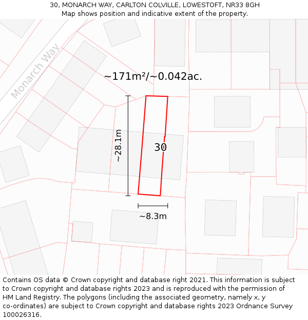 30, MONARCH WAY, CARLTON COLVILLE, LOWESTOFT, NR33 8GH: Plot and title map
