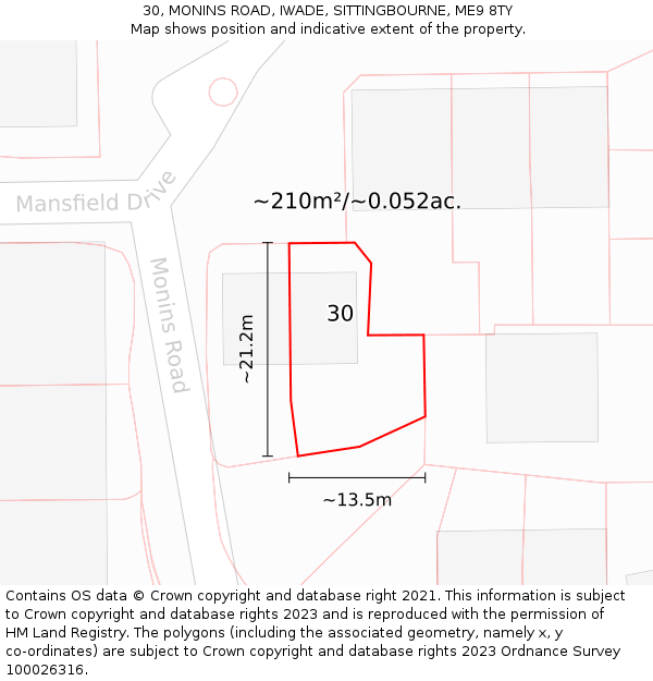 30, MONINS ROAD, IWADE, SITTINGBOURNE, ME9 8TY: Plot and title map