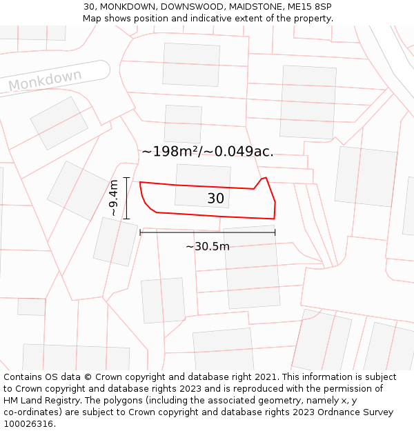 30, MONKDOWN, DOWNSWOOD, MAIDSTONE, ME15 8SP: Plot and title map