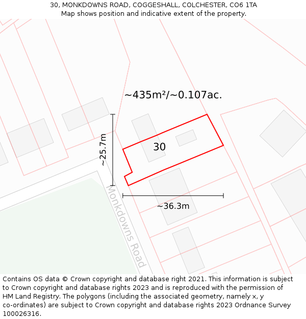 30, MONKDOWNS ROAD, COGGESHALL, COLCHESTER, CO6 1TA: Plot and title map