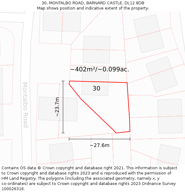 30, MONTALBO ROAD, BARNARD CASTLE, DL12 8DB: Plot and title map