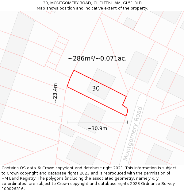 30, MONTGOMERY ROAD, CHELTENHAM, GL51 3LB: Plot and title map