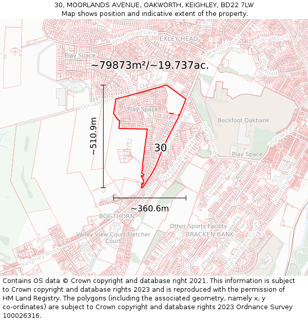 30, MOORLANDS AVENUE, OAKWORTH, KEIGHLEY, BD22 7LW: Plot and title map