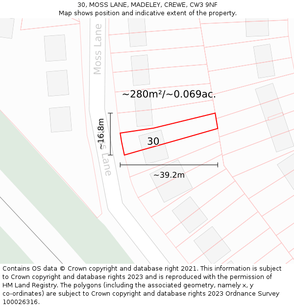 30, MOSS LANE, MADELEY, CREWE, CW3 9NF: Plot and title map