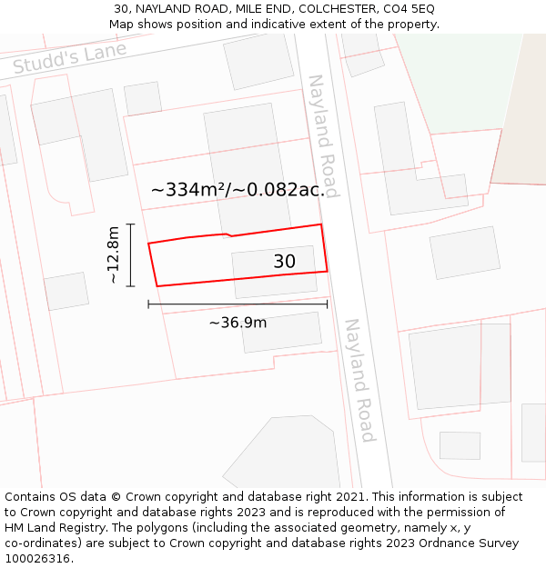 30, NAYLAND ROAD, MILE END, COLCHESTER, CO4 5EQ: Plot and title map