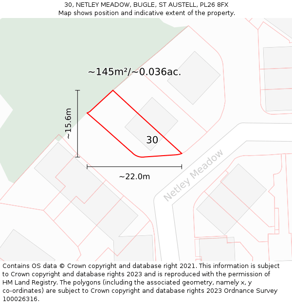 30, NETLEY MEADOW, BUGLE, ST AUSTELL, PL26 8FX: Plot and title map