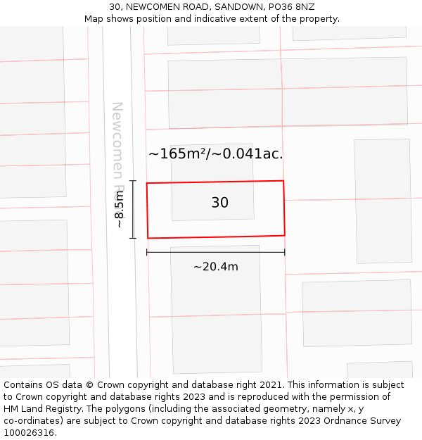 30, NEWCOMEN ROAD, SANDOWN, PO36 8NZ: Plot and title map