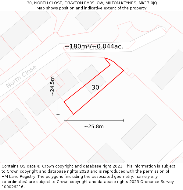 30, NORTH CLOSE, DRAYTON PARSLOW, MILTON KEYNES, MK17 0JQ: Plot and title map