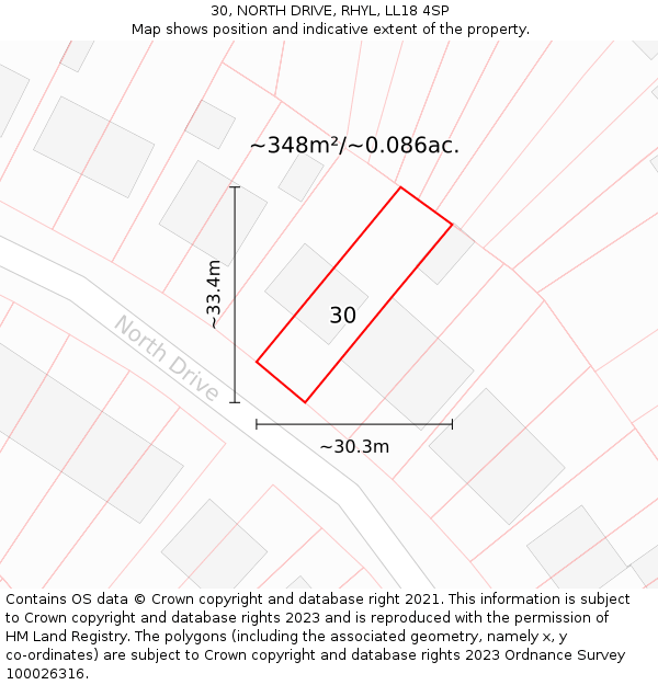 30, NORTH DRIVE, RHYL, LL18 4SP: Plot and title map